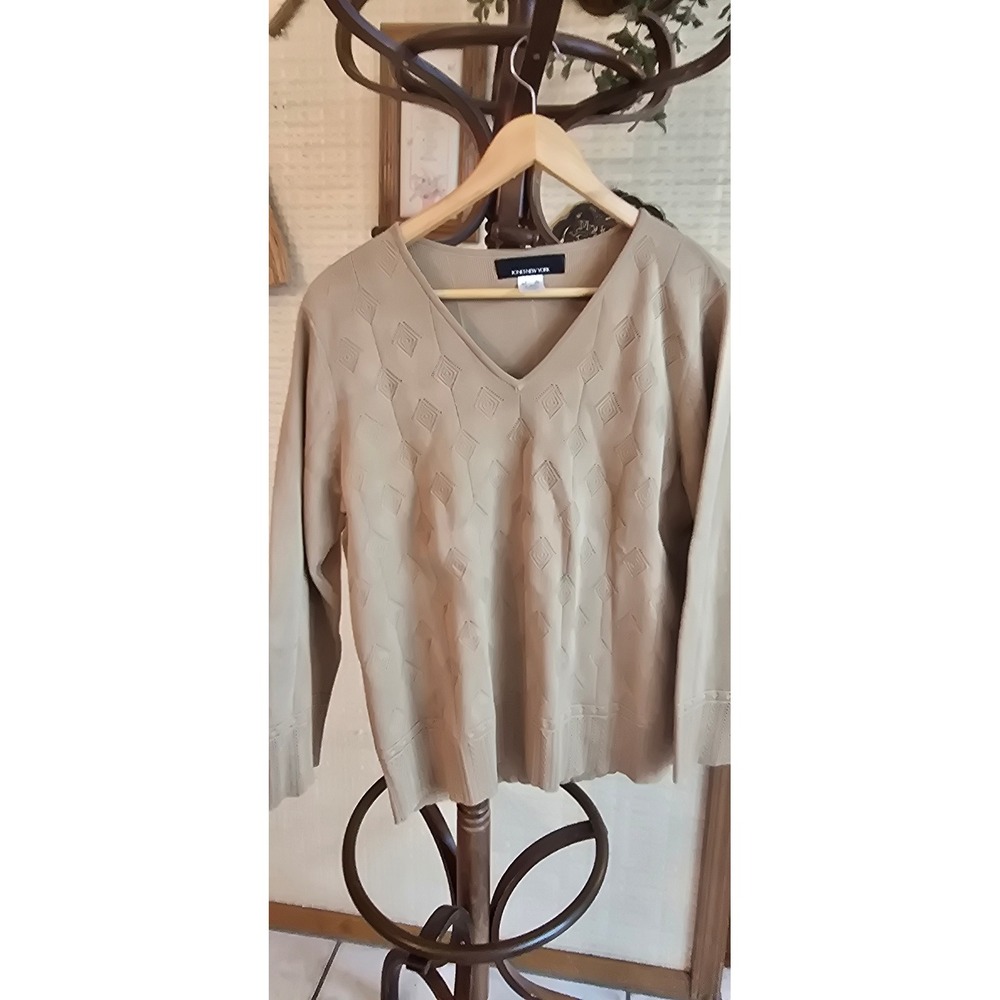Jones New York Tan Beige V-Neck Diamond Pointelle Knit Sweater Top Womens L